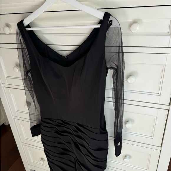 La Femme Black Long Sleeve Evening Gown with Sheer Sleeves - Picture 2 of 3